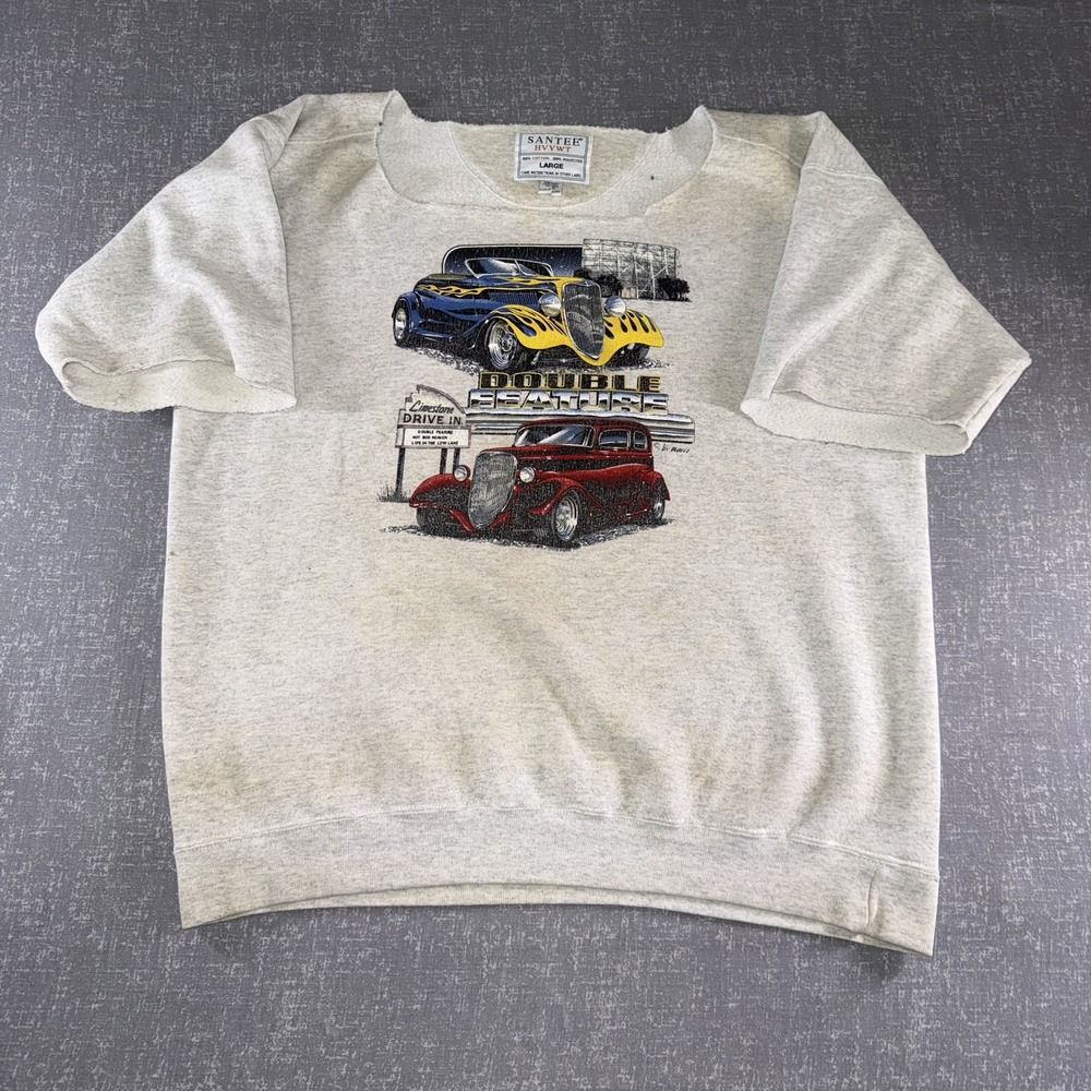 Vintage Santee Sweatshirt Mens Large Gray Double Feature Hot Rod Cars Fleece